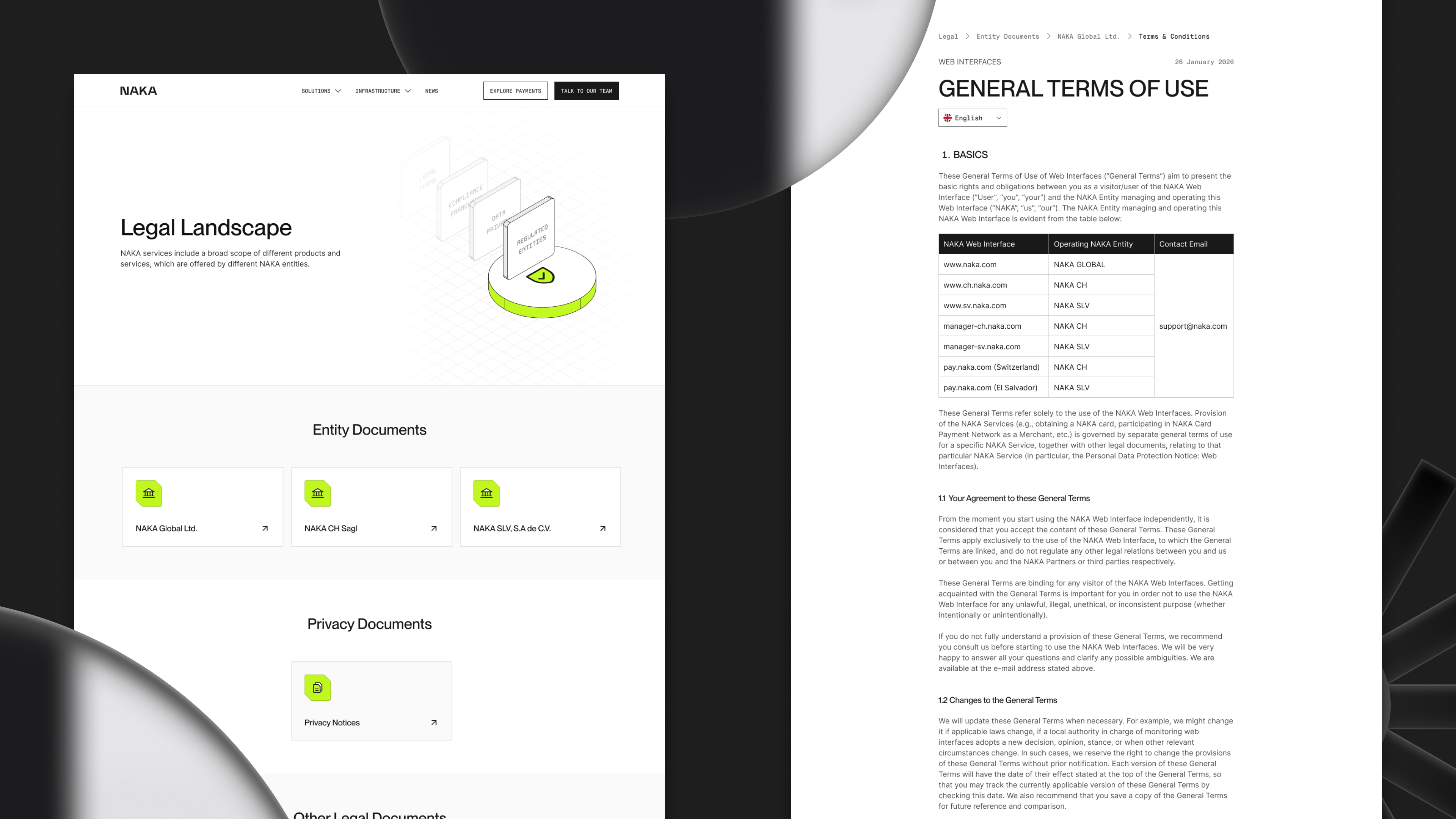 Naka legal hub showing entity document navigation and the General Terms of Use document viewer with jurisdiction table