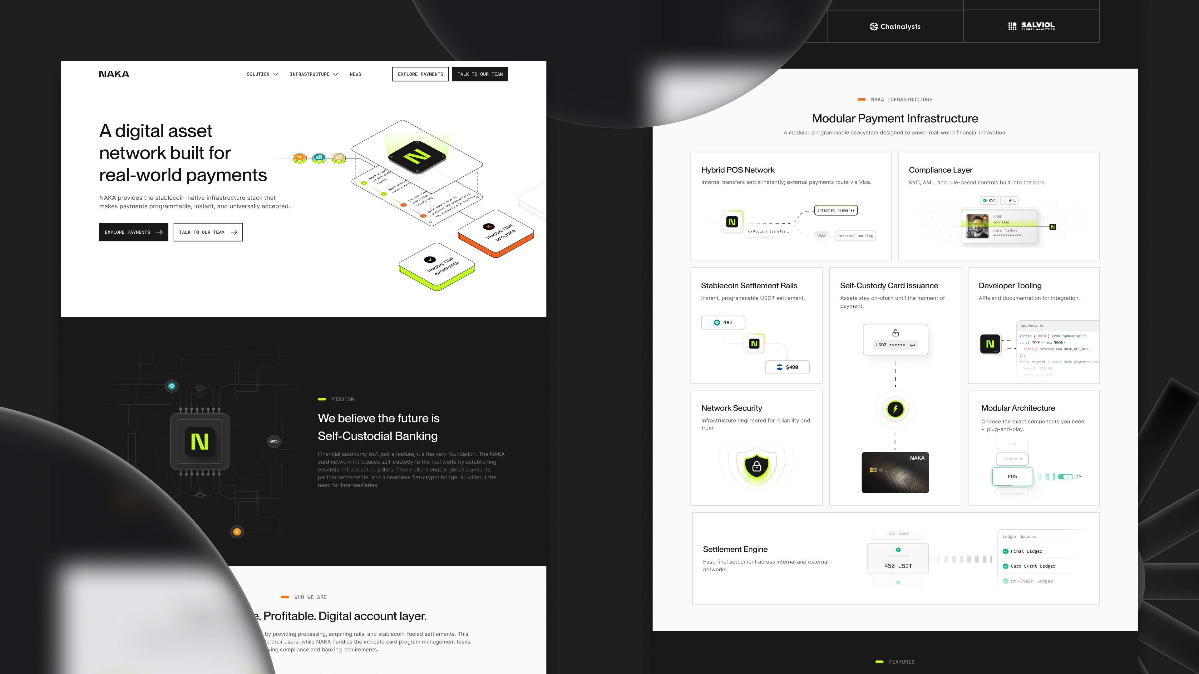 Naka website showing the hero, mission, and modular payment infrastructure sections